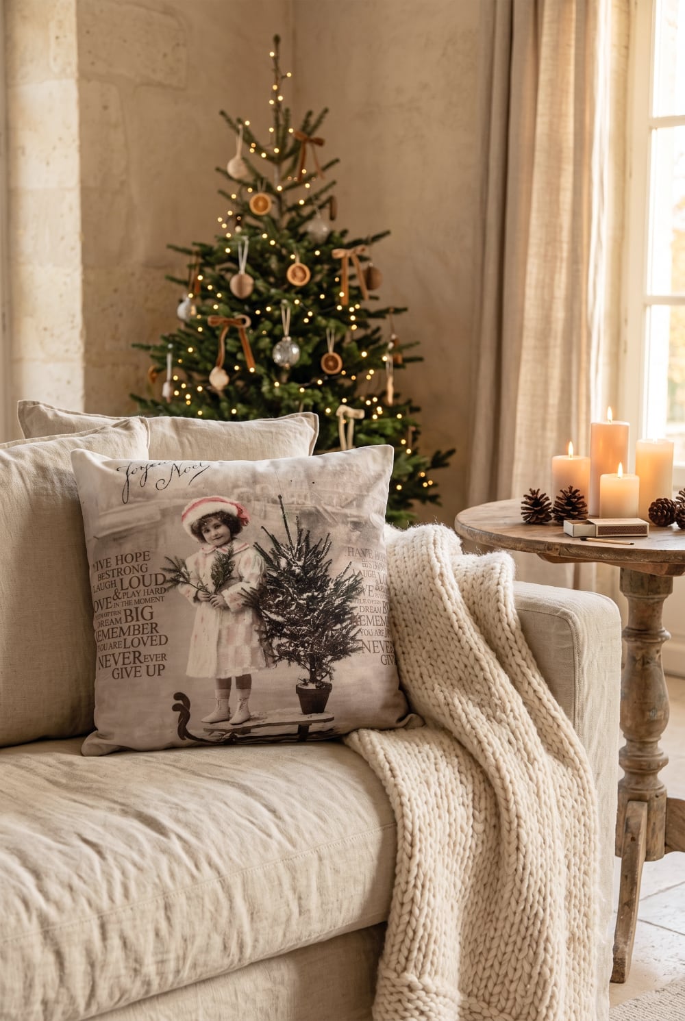 Coussin décoratif de Noël carré avec illustration vintage d'une fillette près d'un sapin, ambiance romantique et décoration de charme