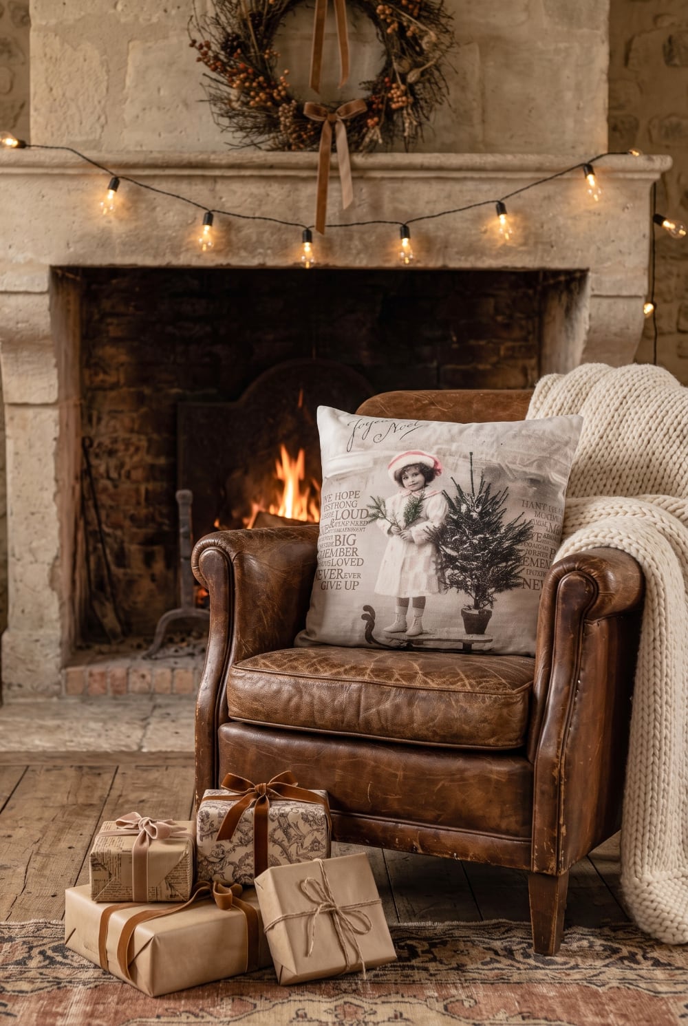 Coussin décoratif de Noël carré avec illustration vintage d'une fillette près d'un sapin, ambiance romantique et décoration de charme