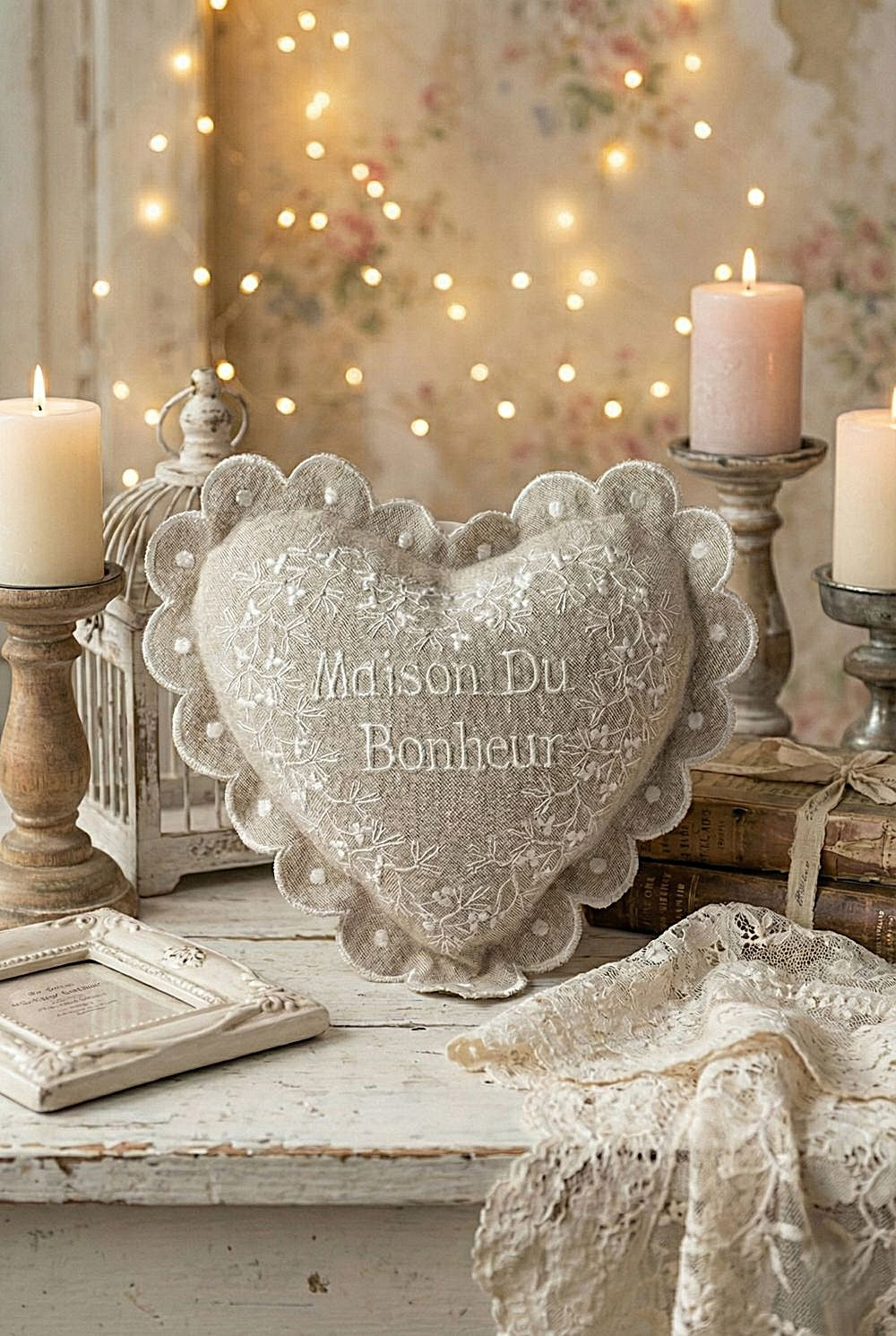 Coussin décoratif Maison du Bonheur, textile aux tons doux, style romantique shabby chic, coussin de décoration pour intérieur de charme