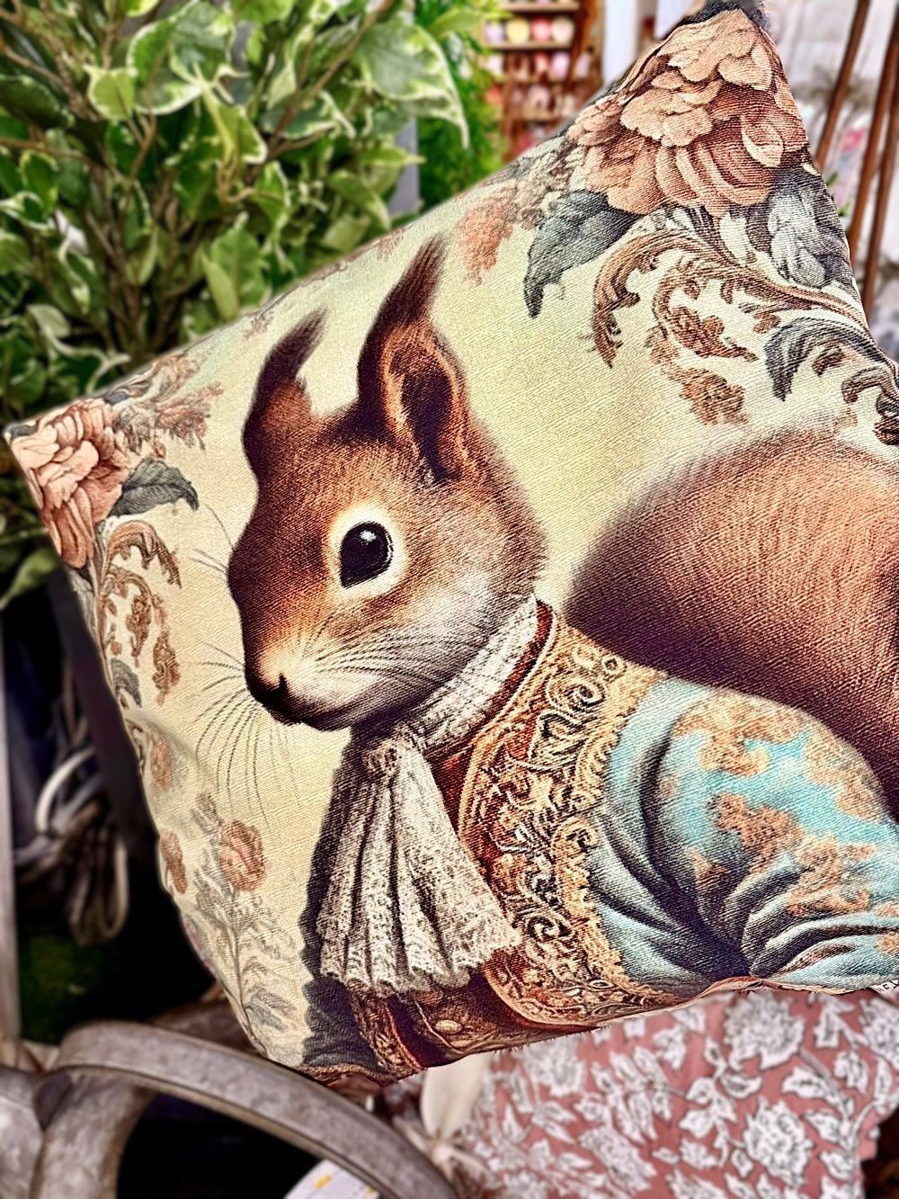 Coussin Précieux 45x45 cm représentant un écureuil élégant en costume ancien, dans des tons brun, beige et turquoise, pour une décoration romantique et shabby chic