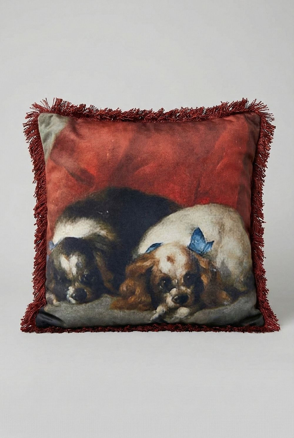 Coussin en velours Cavaliers King Charles de Blanc Mariclò, style shabby chic, couleurs beige et rouge, ambiance romantique et poétique
