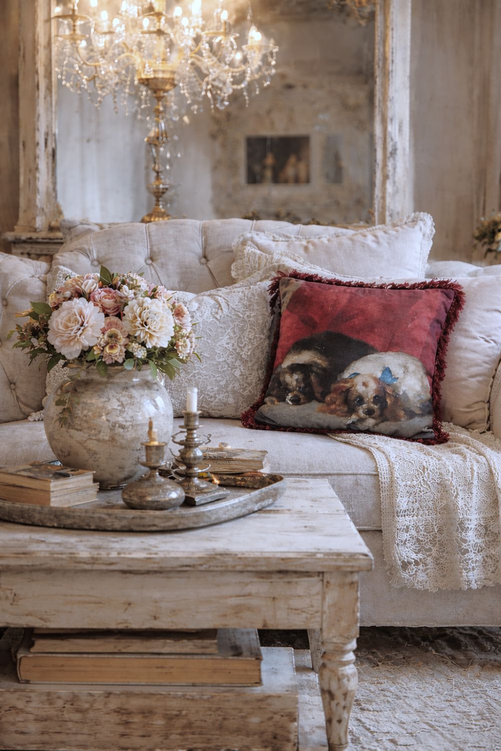 Coussin en velours Cavaliers King Charles de Blanc Mariclò, style shabby chic, couleurs beige et rouge, ambiance romantique et poétique