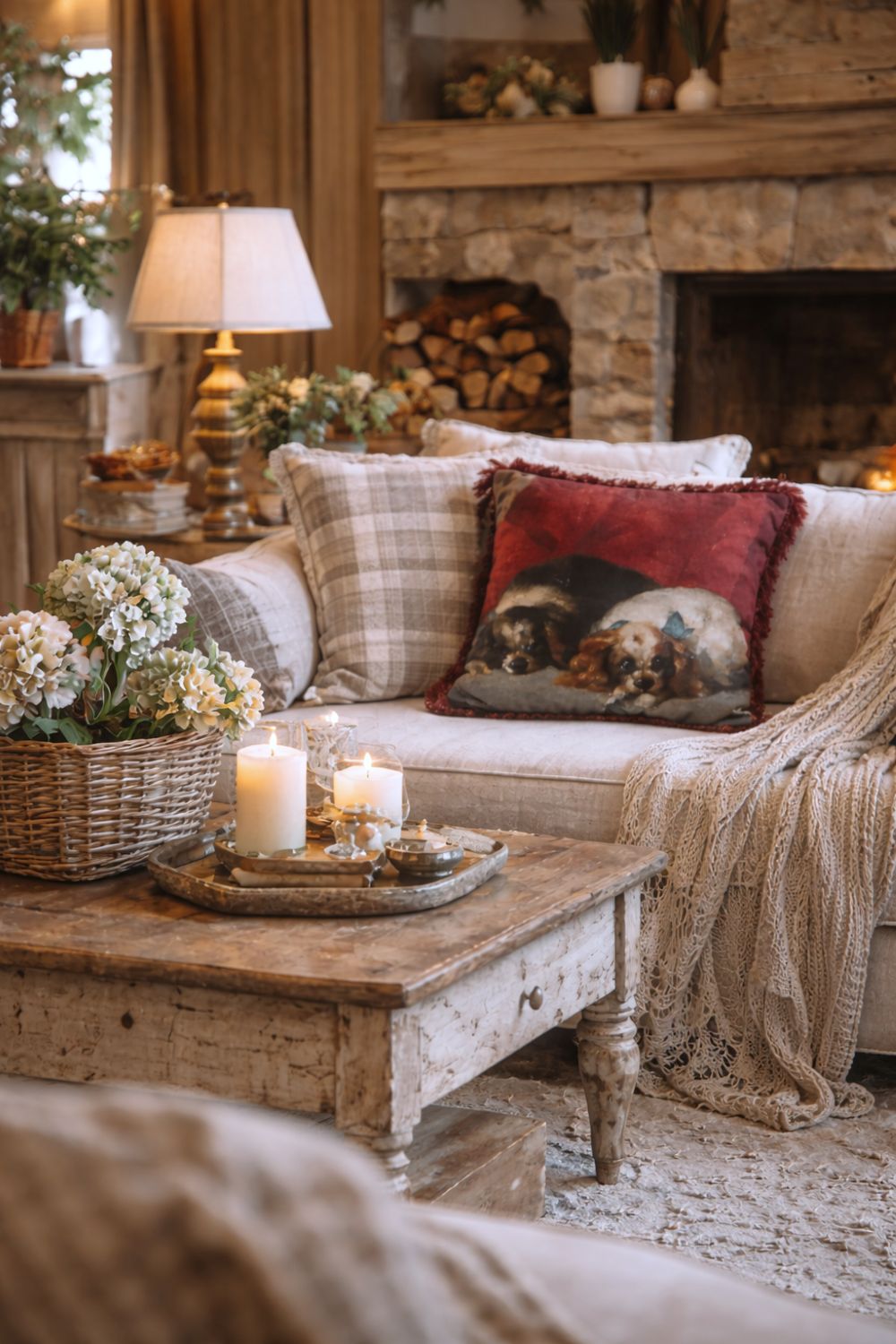 Coussin en velours Cavaliers King Charles de Blanc Mariclò, style shabby chic, couleurs beige et rouge, ambiance romantique et poétique