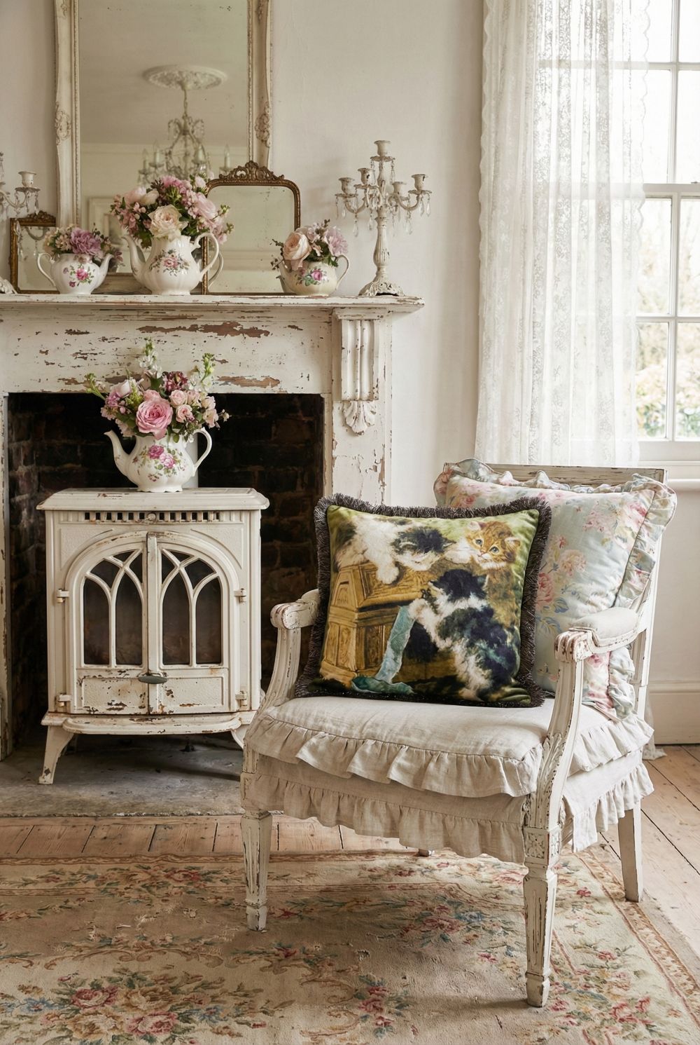 Coussin en velours Chatons de Blanc Mariclò, style shabby chic, couleurs beige et rouge, ambiance romantique et poétique