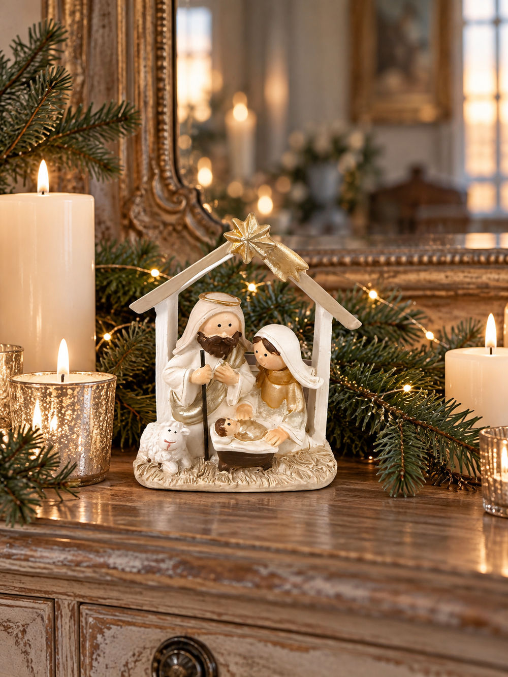 Petite crèche de Noël crème et dorée sur une console avec des bougies, scène de Nativité chaleureuse.