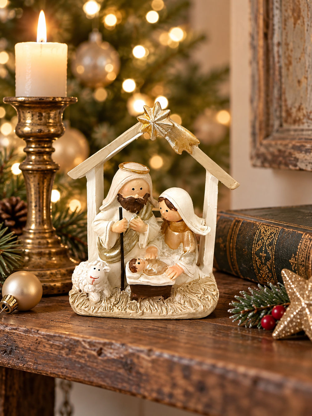 Petite crèche de Noël crème et dorée sur une étagère près du sapin.