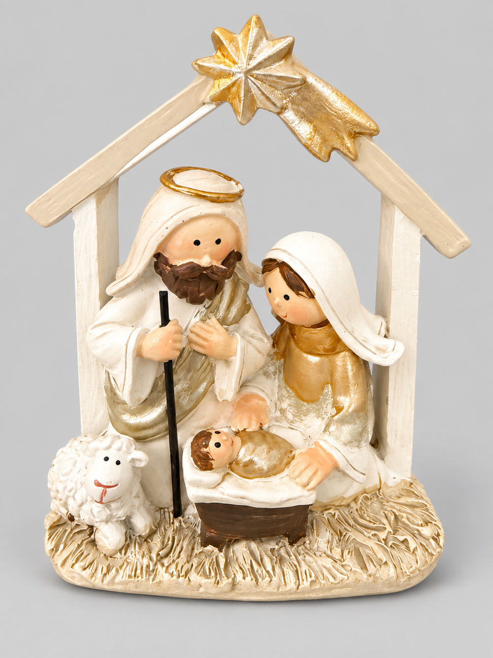 Petite crèche de Noël crème et dorée avec Marie, Joseph, l’Enfant Jésus et un mouton sous une étoile, décoration de Nativité à poser.