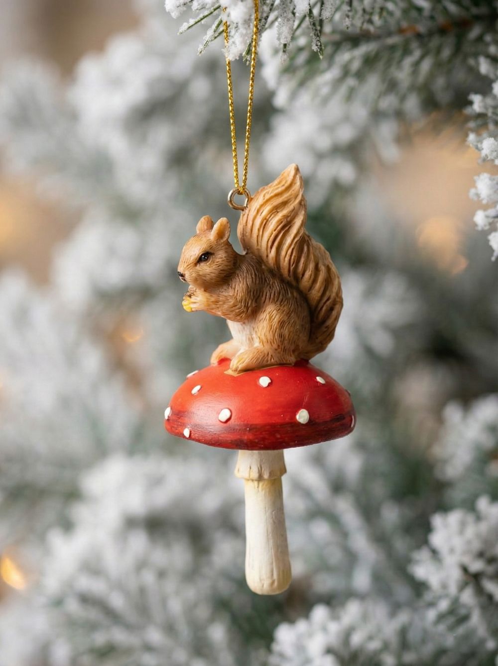 Décoration de Noël avec écureuil et champignon, figurine décorative aux tons naturels rouge et marron, style féérique et poétique pour décoration hivernale