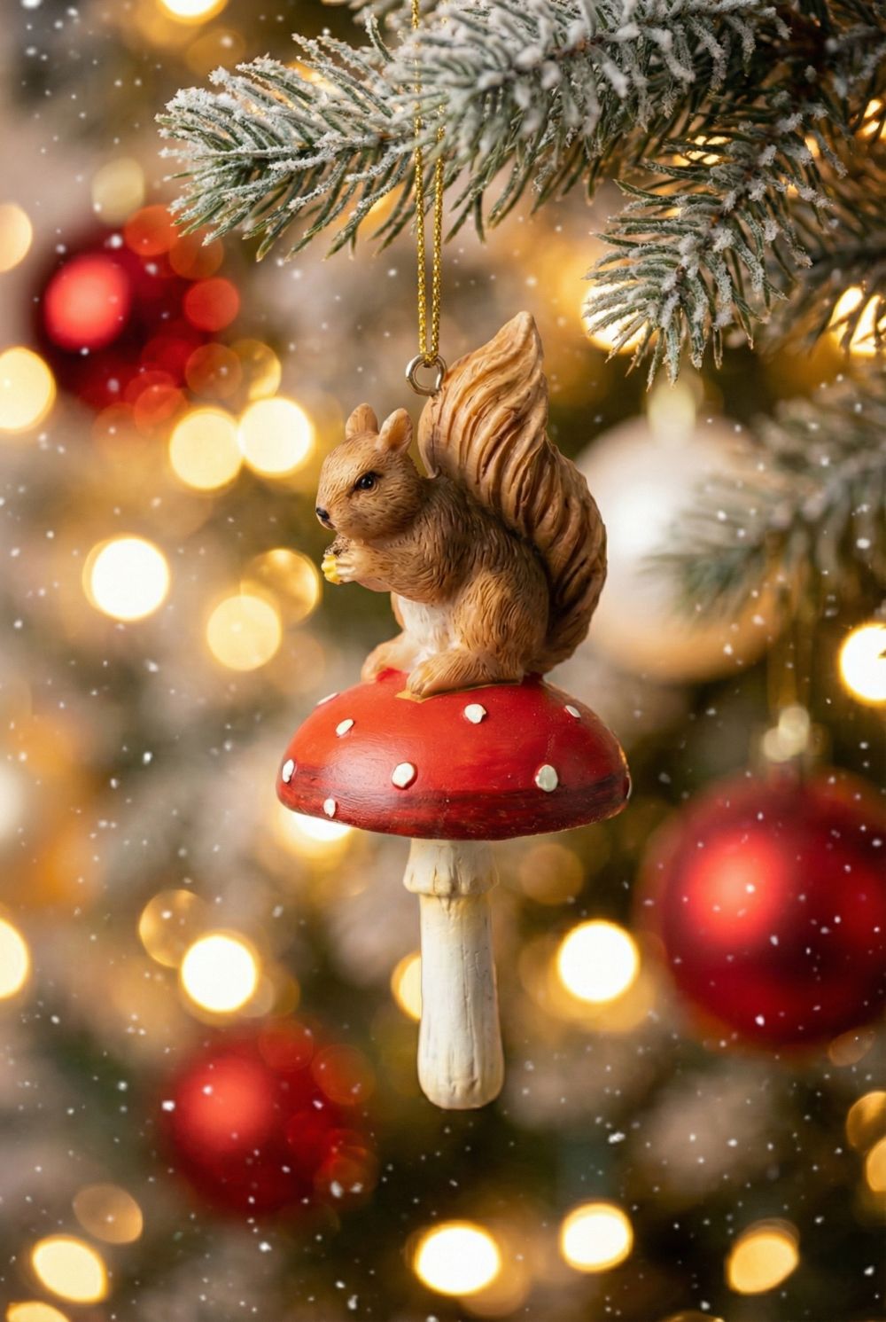 Décoration de Noël avec écureuil et champignon, figurine décorative aux tons naturels rouge et marron, style féérique et poétique pour décoration hivernale
