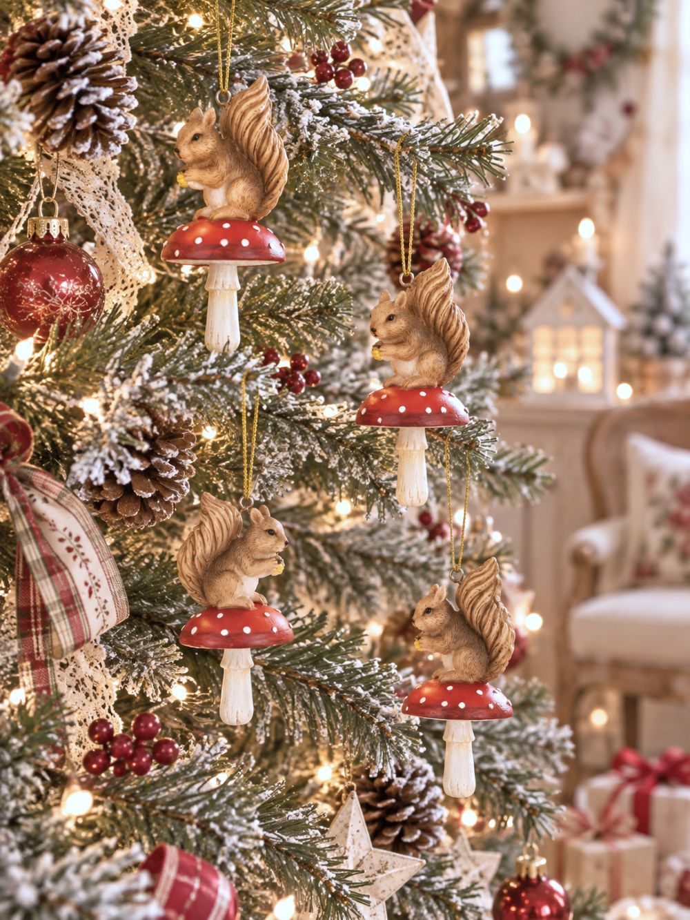 Décoration de Noël avec écureuil et champignon, figurine décorative aux tons naturels rouge et marron, style féérique et poétique pour décoration hivernale