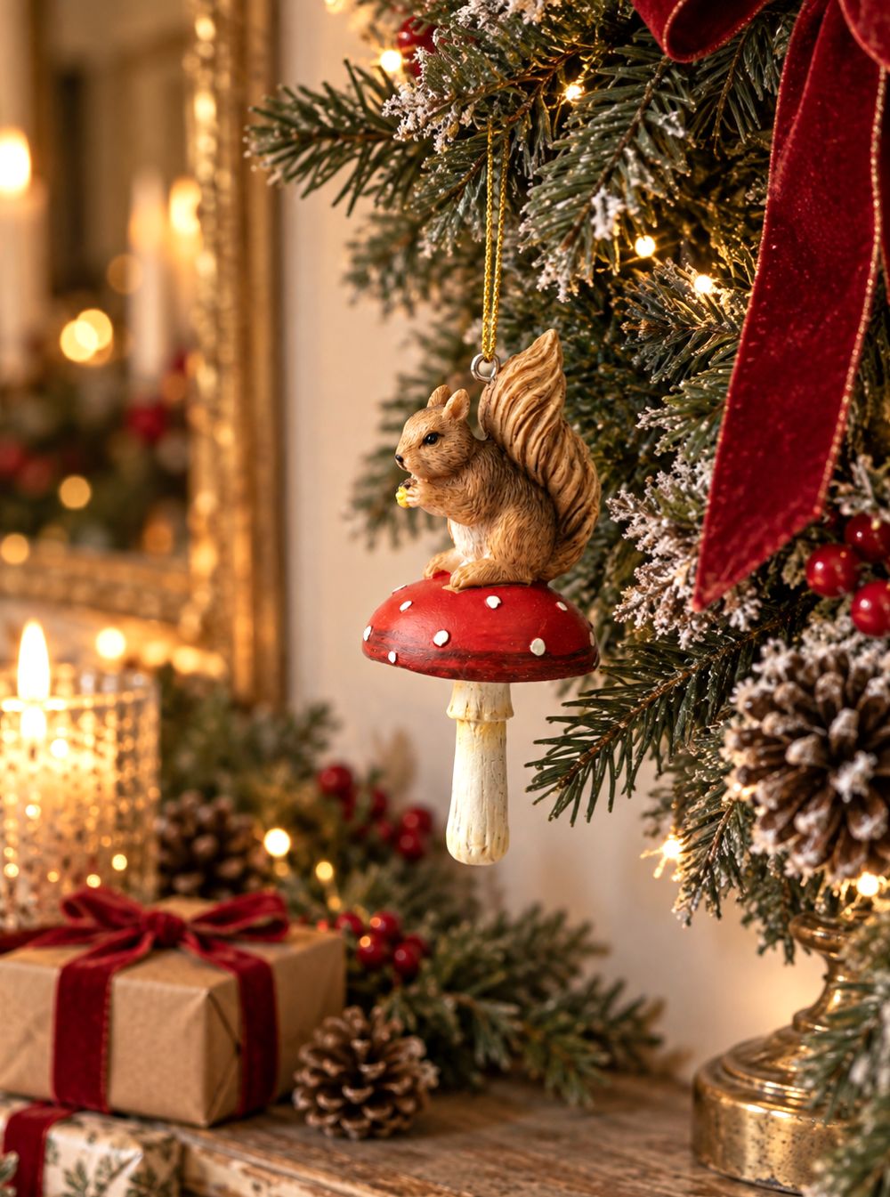 Décoration de Noël avec écureuil et champignon, figurine décorative aux tons naturels rouge et marron, style féérique et poétique pour décoration hivernale