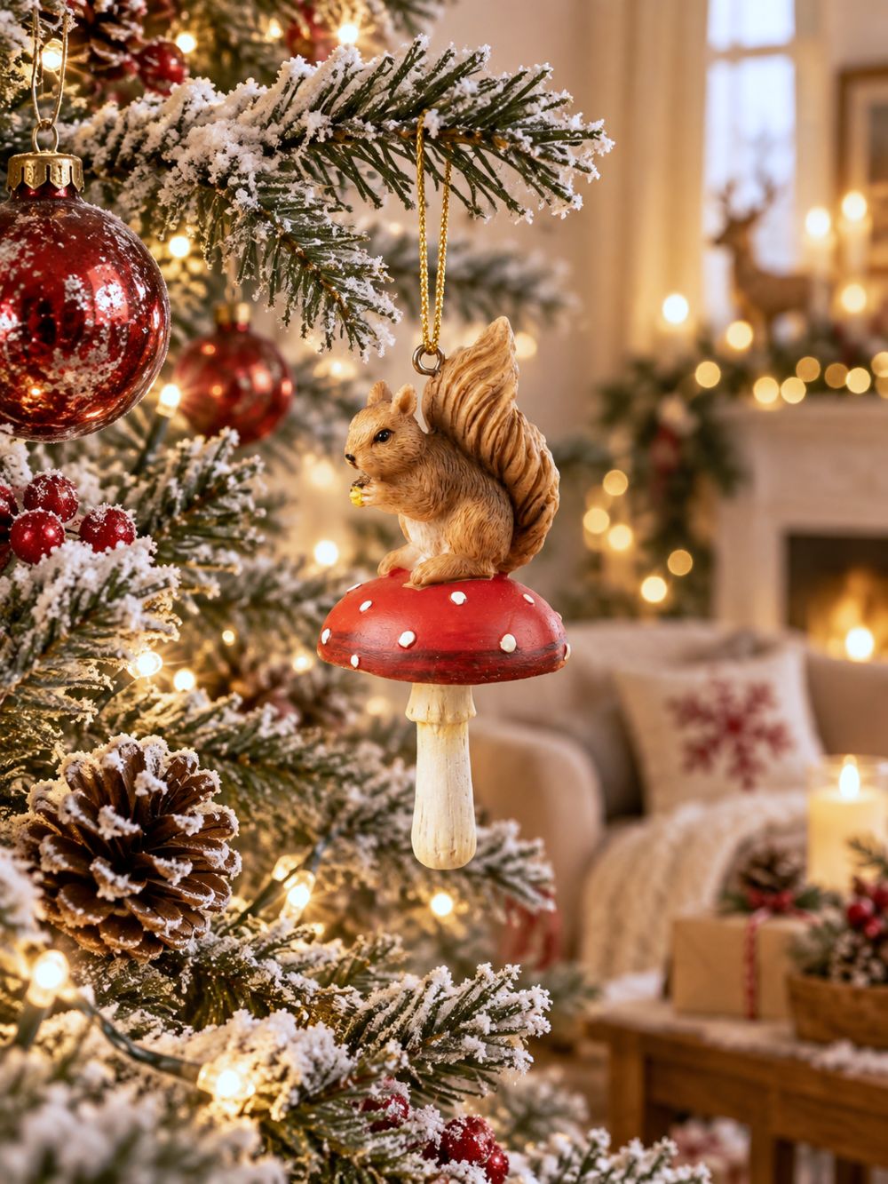 Décoration de Noël avec écureuil et champignon, figurine décorative aux tons naturels rouge et marron, style féérique et poétique pour décoration hivernale