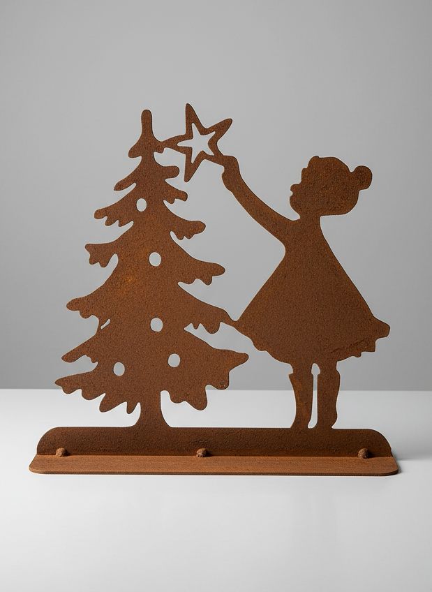 Décoration de Noël en métal rouillé représentant une petite fille plaçant une étoile sur un sapin, tons brun cuivre, style shabby chic et ambiance féérique