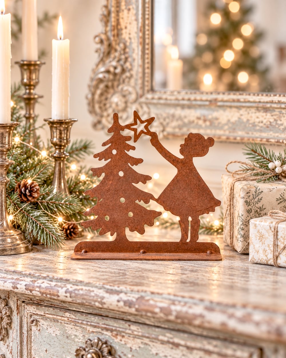 Décoration de Noël en métal rouillé représentant une petite fille plaçant une étoile sur un sapin, tons brun cuivre, style shabby chic et ambiance féérique