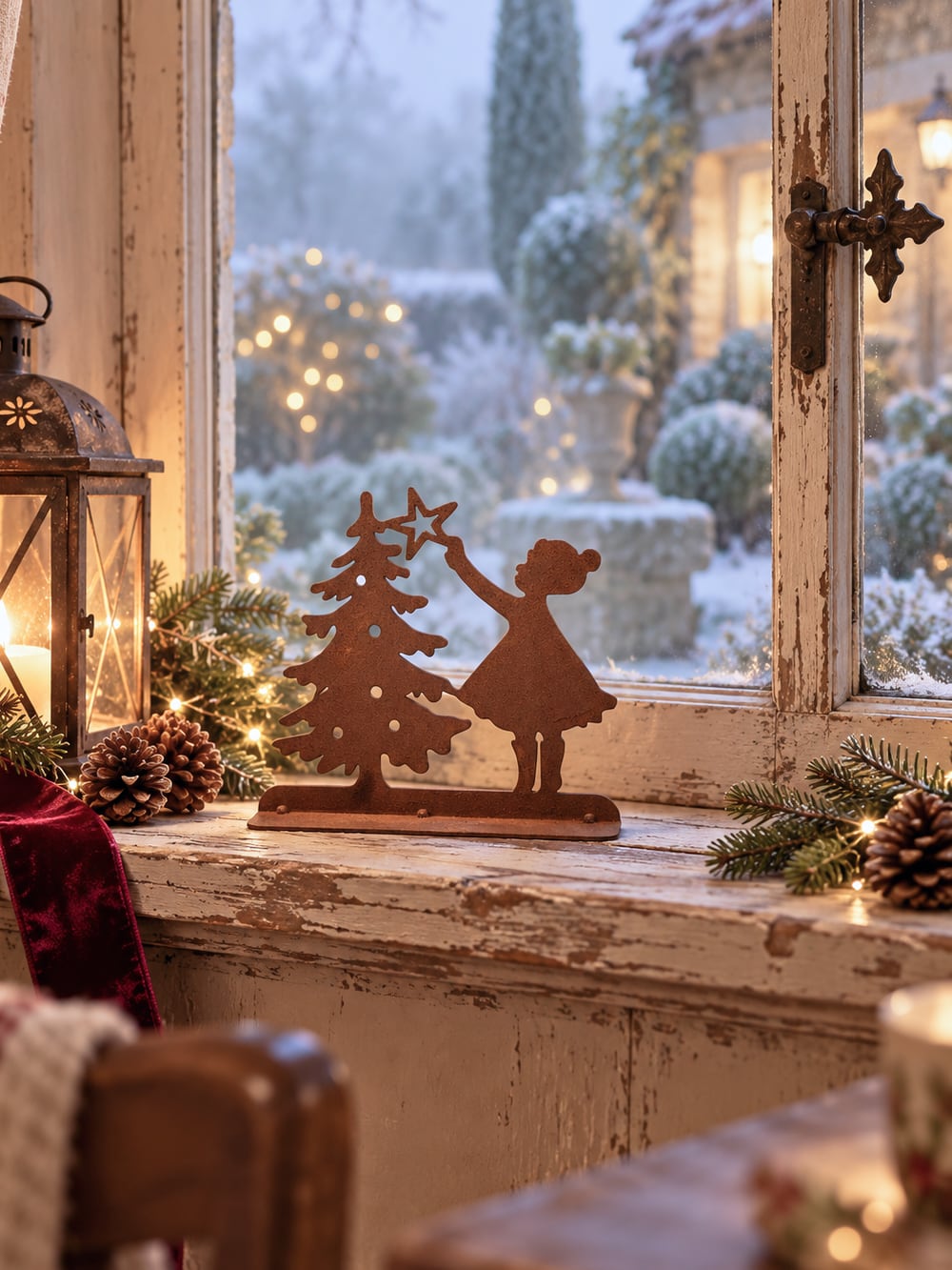 Décoration de Noël en métal rouillé représentant une petite fille plaçant une étoile sur un sapin, tons brun cuivre, style shabby chic et ambiance féérique
