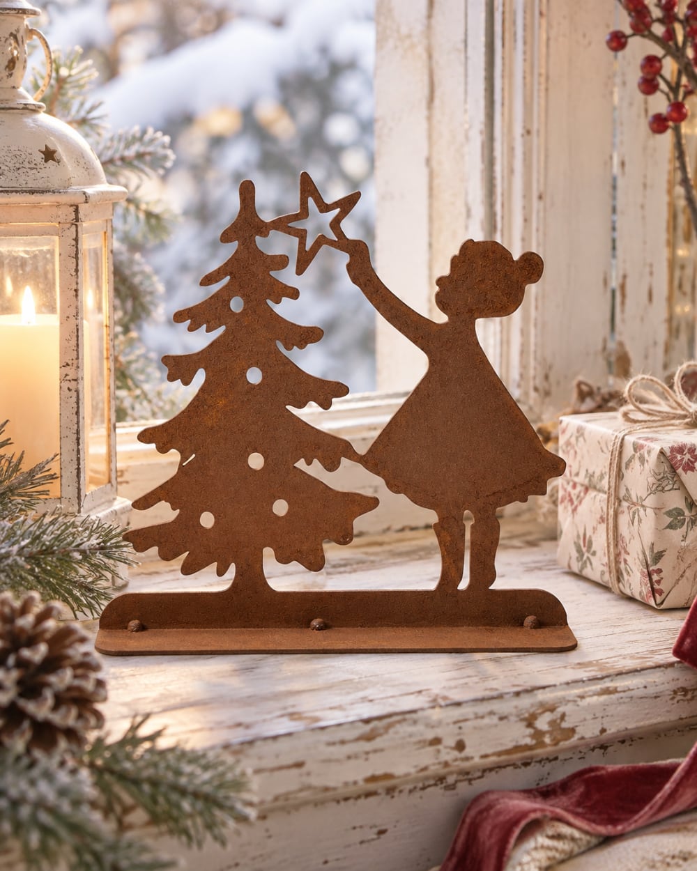 Décoration de Noël en métal rouillé représentant une petite fille plaçant une étoile sur un sapin, tons brun cuivre, style shabby chic et ambiance féérique