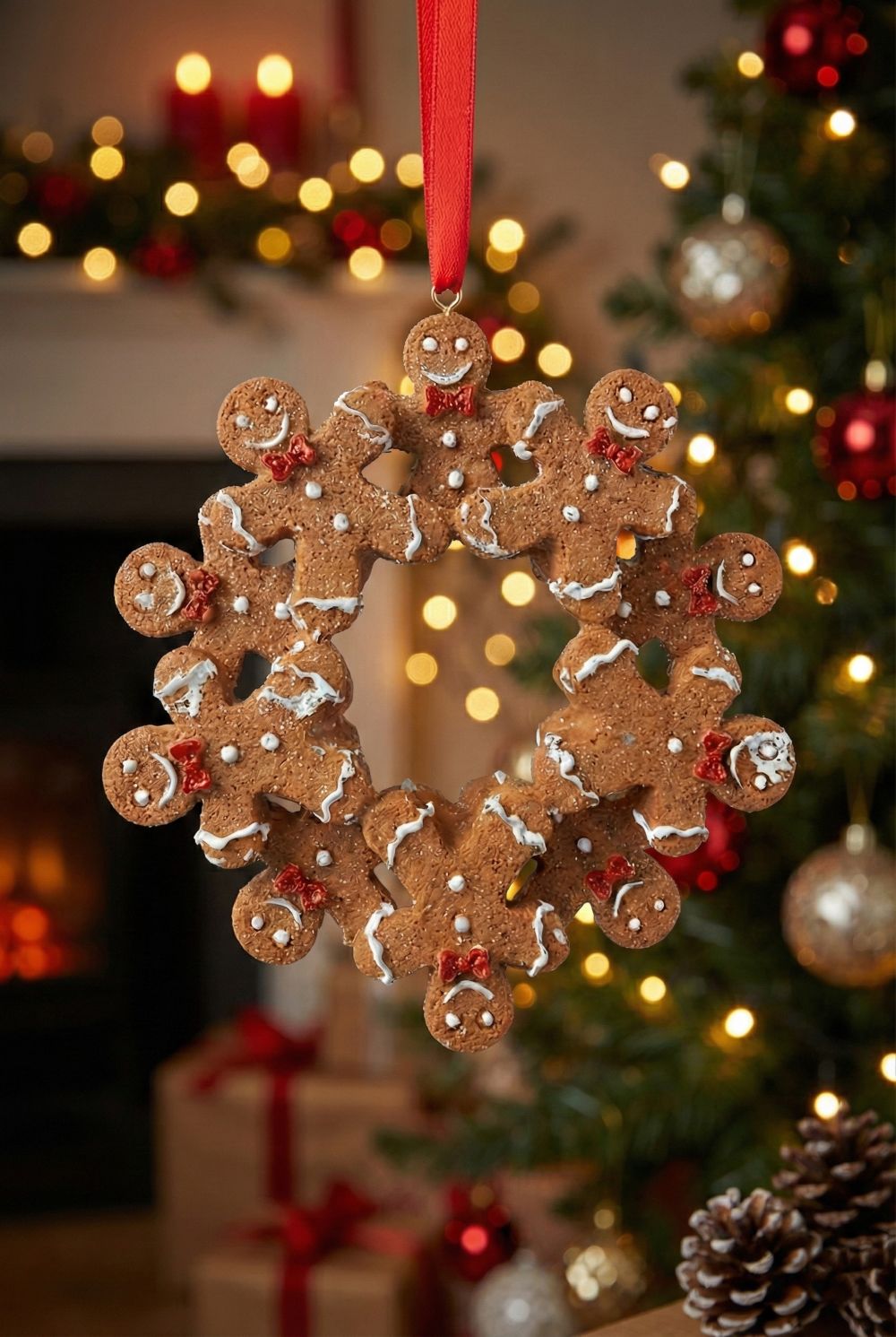 Décoration de sapin à suspendre en forme de couronne de petits bonshommes pain d’épices avec ruban rouge, style shabby chic et féérique, tons brun, blanc et rouge