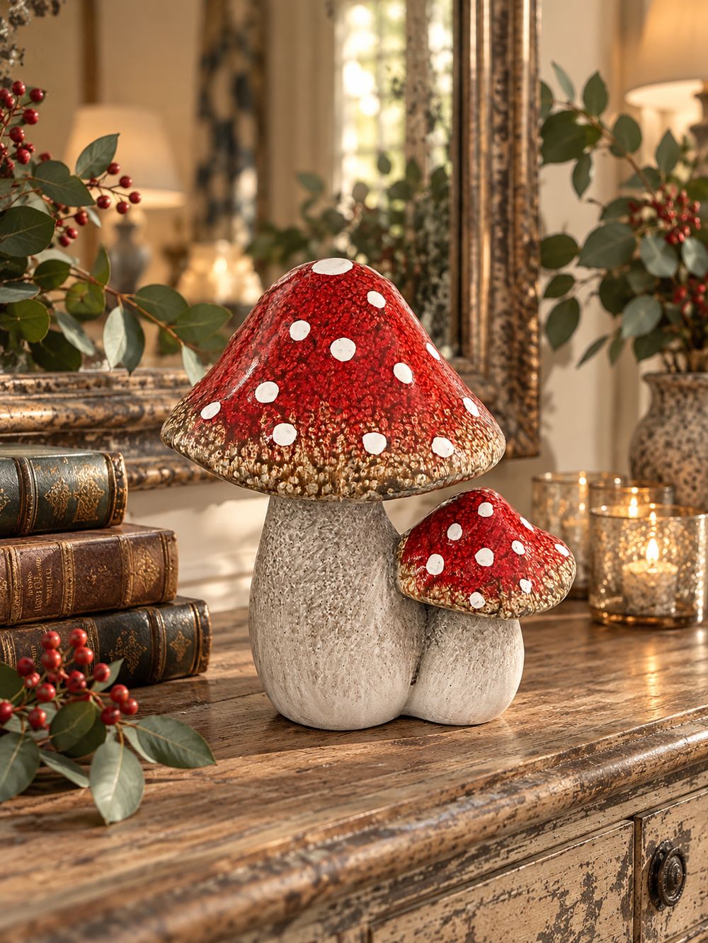 Duo de champignons décoratifs rouges à pois blancs avec pieds gris taupe, décoration poétique et féérique pour console ou étagère