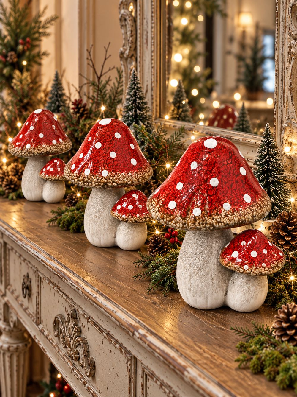 Duo de champignons décoratifs rouges à pois blancs avec pieds gris taupe, décoration poétique et féérique pour console ou étagère