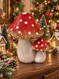 Duo de champignons décoratifs rouges à pois blancs avec pieds gris taupe, décoration poétique et féérique pour console ou étagère