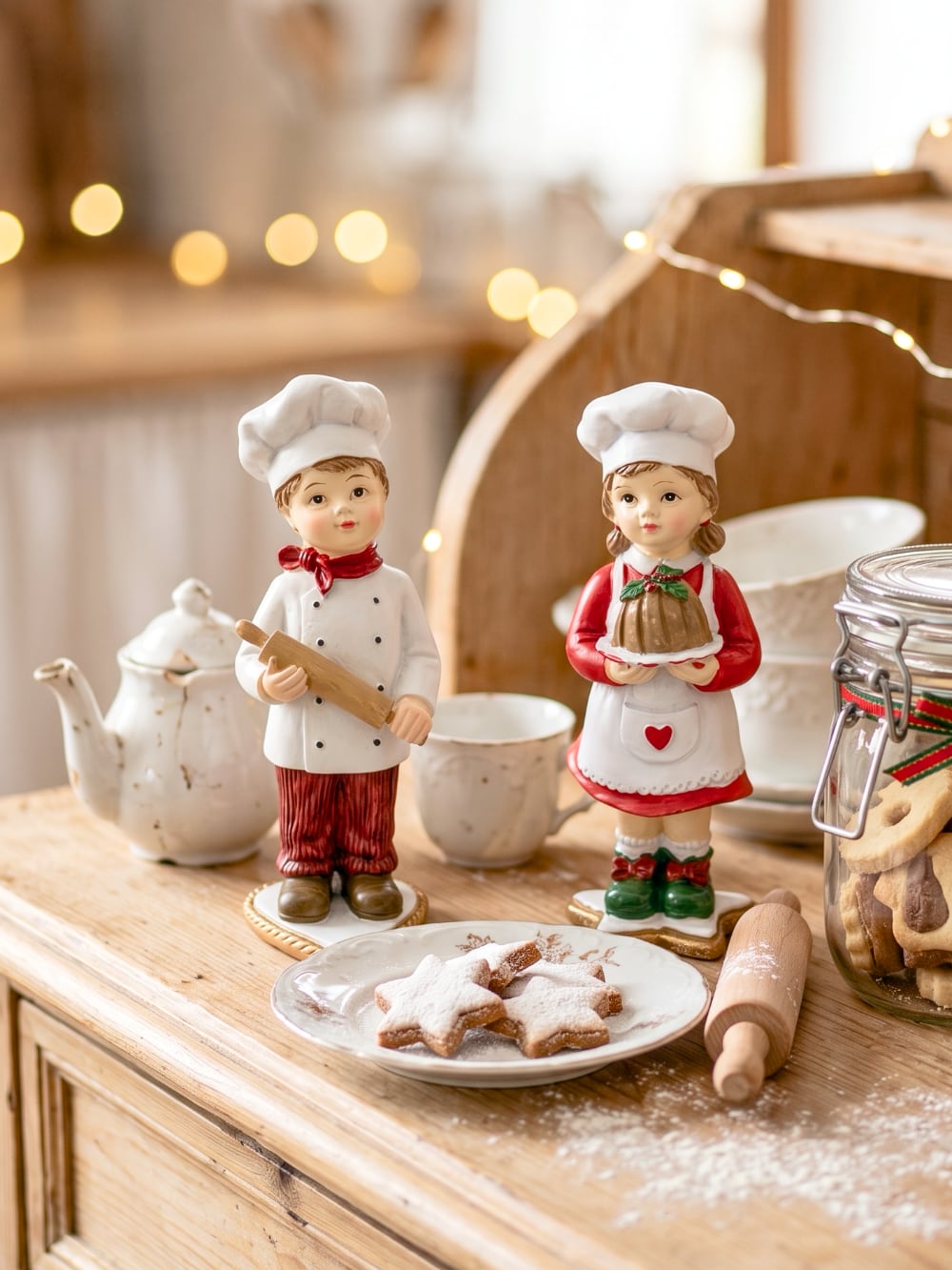 Duo de figurines cuisinier et cuisinière de Noël en situation, décoration rétro et gourmande pour la cuisine
