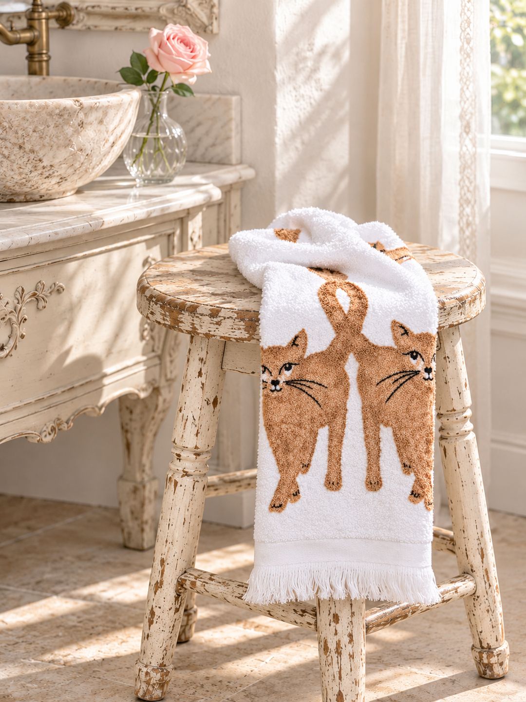Essuie-main à motifs de chats déposé sur un tabouret patiné dans une salle de bain lumineuse.