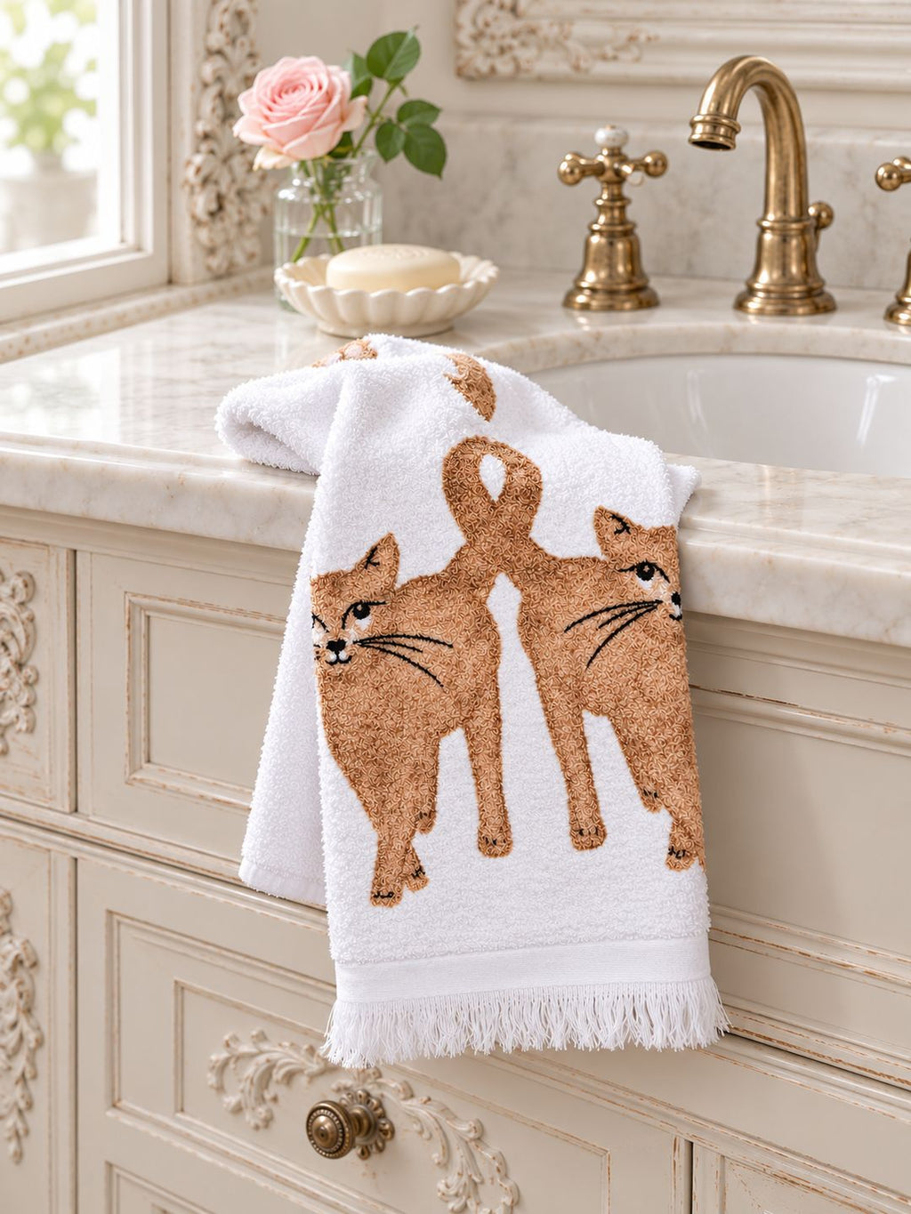 Essuie-main Les Petits Chats d’Amour posé souplement près d’une vasque dans une salle de bain de charme.