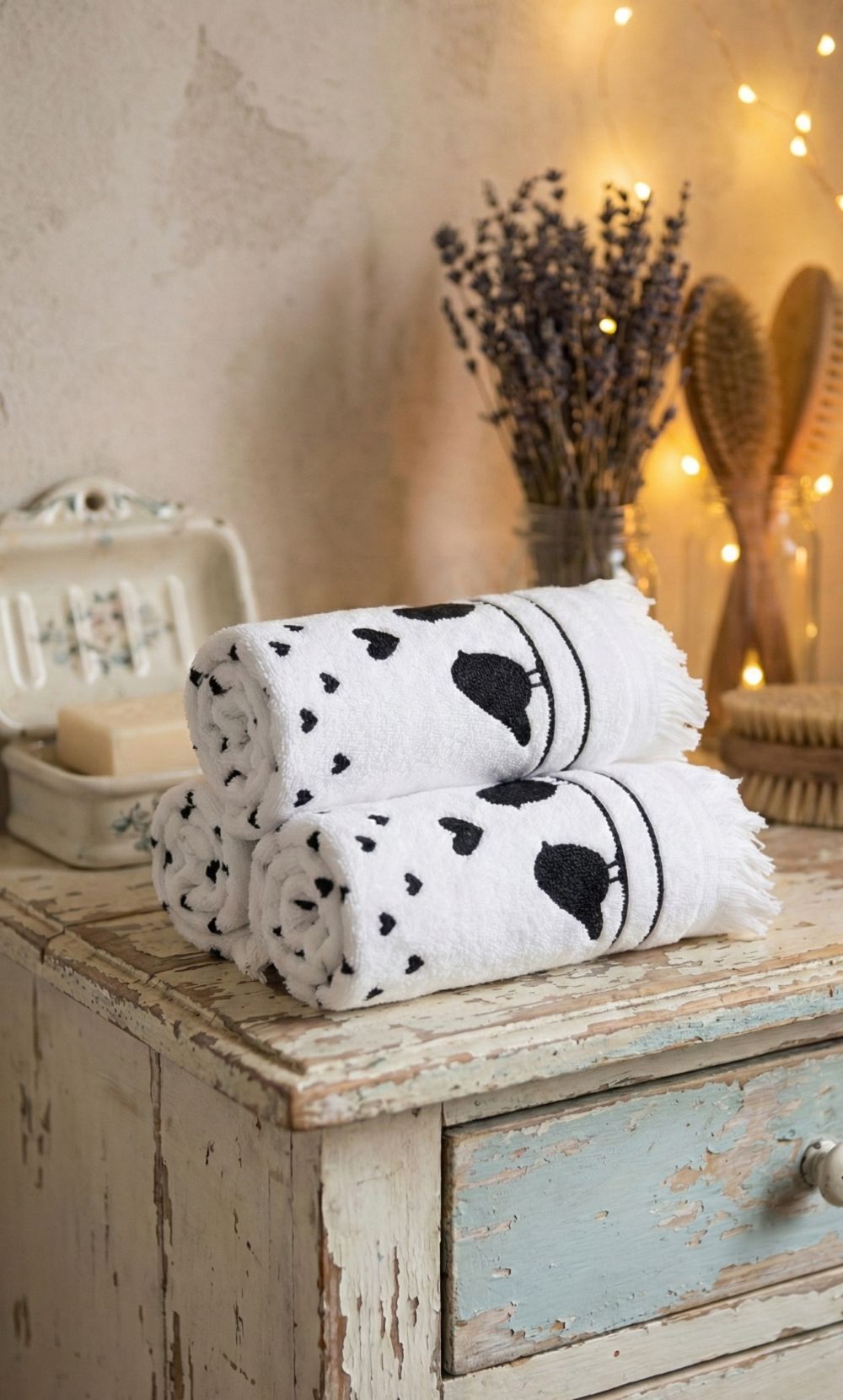 Essuie-mains décoratif avec motif amour et oiseaux, textile aux tons doux, style romantique shabby chic, linge de maison pour décoration de charme