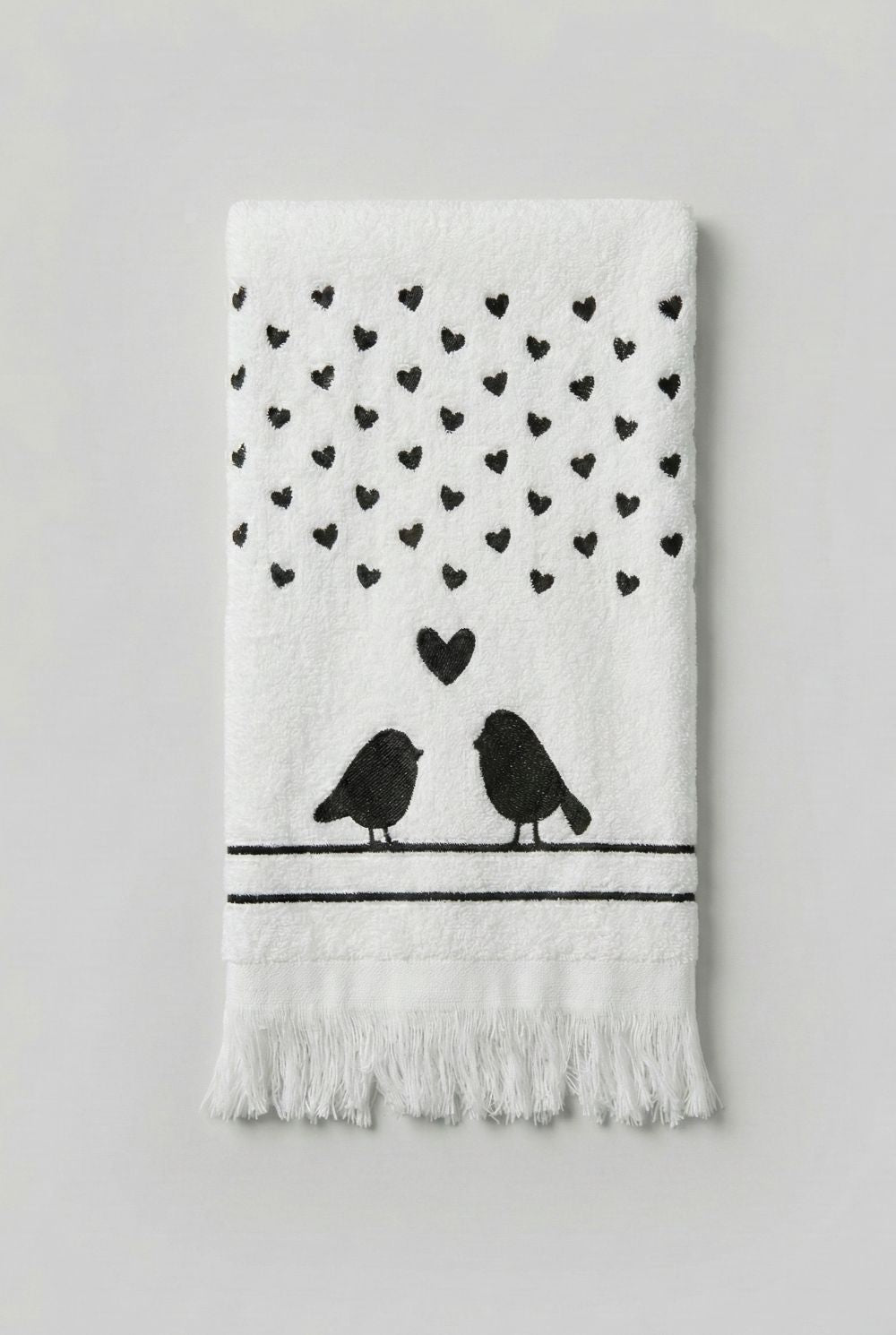 Essuie-mains décoratif avec motif amour et oiseaux, textile aux tons doux, style romantique shabby chic, linge de maison pour décoration de charme