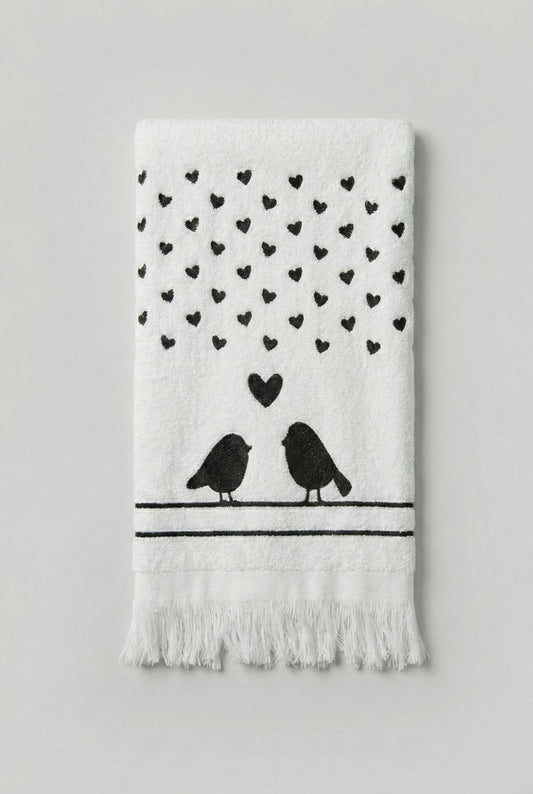 Essuie-mains décoratif avec motif amour et oiseaux, textile aux tons doux, style romantique shabby chic, linge de maison pour décoration de charme