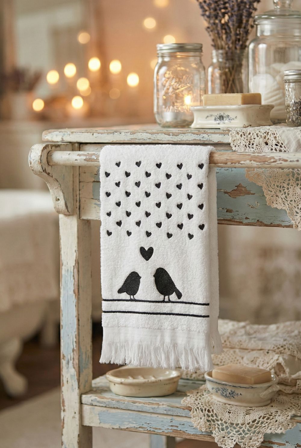 Essuie-mains décoratif avec motif amour et oiseaux, textile aux tons doux, style romantique shabby chic, linge de maison pour décoration de charme