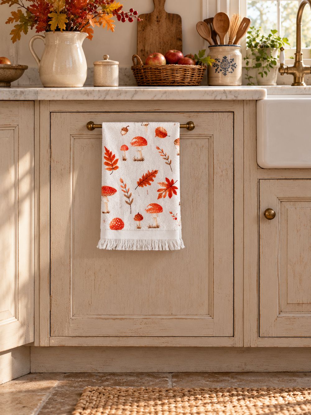 Essuie-mains blanc Clayre & Eef à motifs de champignons orange, feuilles et glands d’automne, pour cuisine ou salle de bain campagne chic