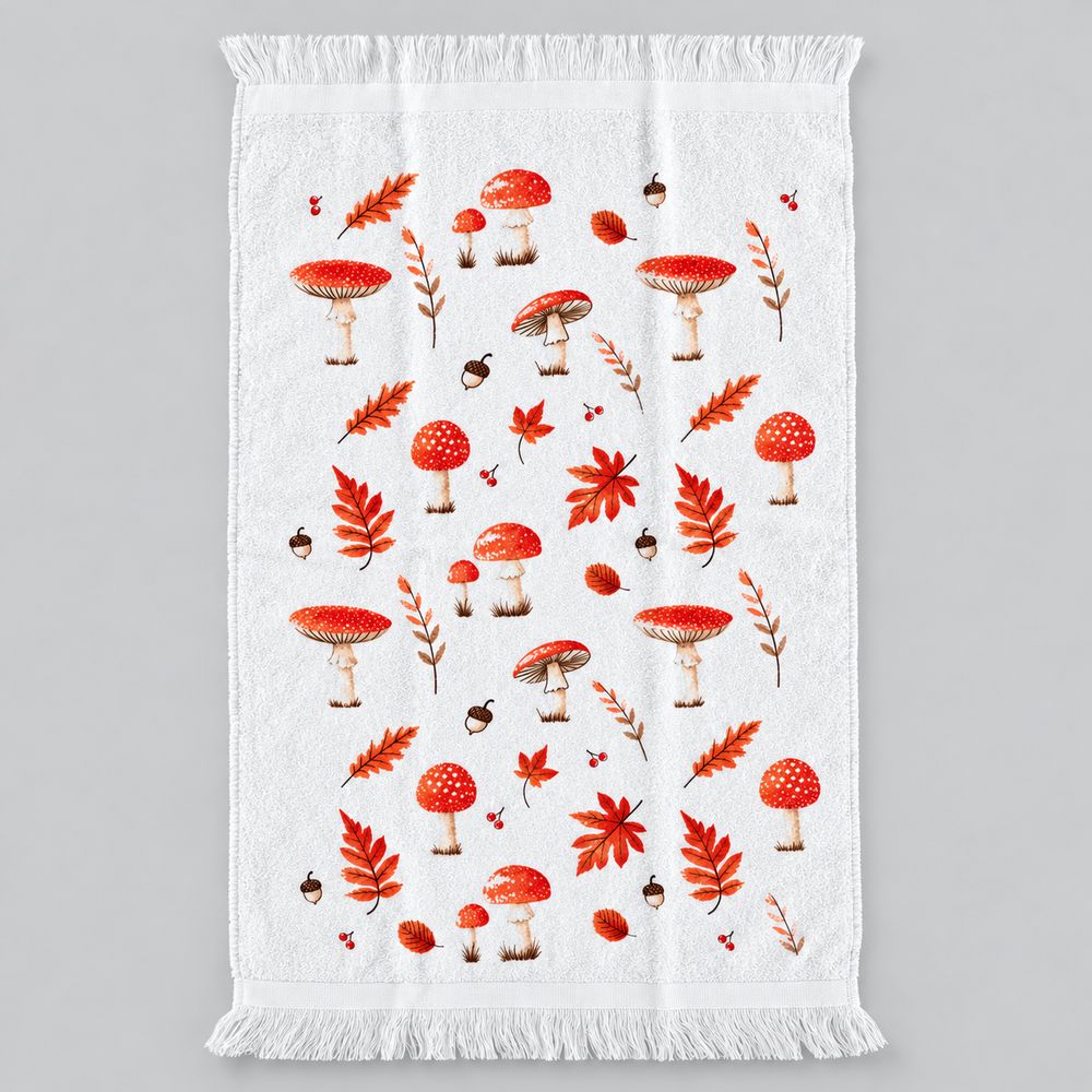 Essuie-mains blanc Clayre & Eef à motifs de champignons orange, feuilles et glands d’automne, pour cuisine ou salle de bain campagne chic