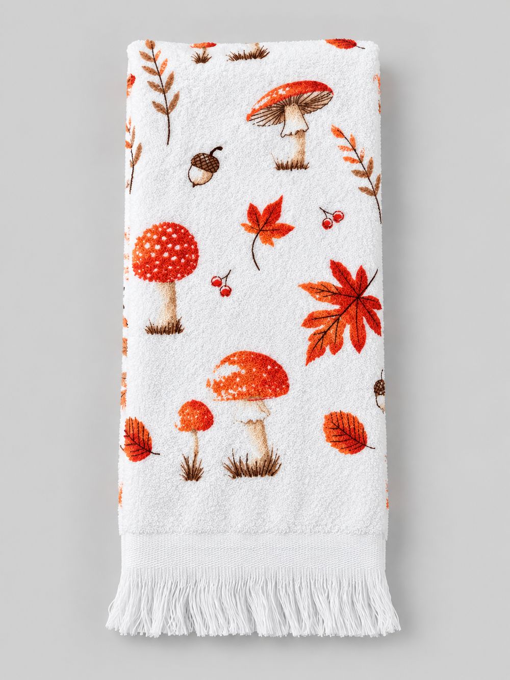 Essuie-mains blanc Clayre & Eef à motifs de champignons orange, feuilles et glands d’automne, pour cuisine ou salle de bain campagne chic