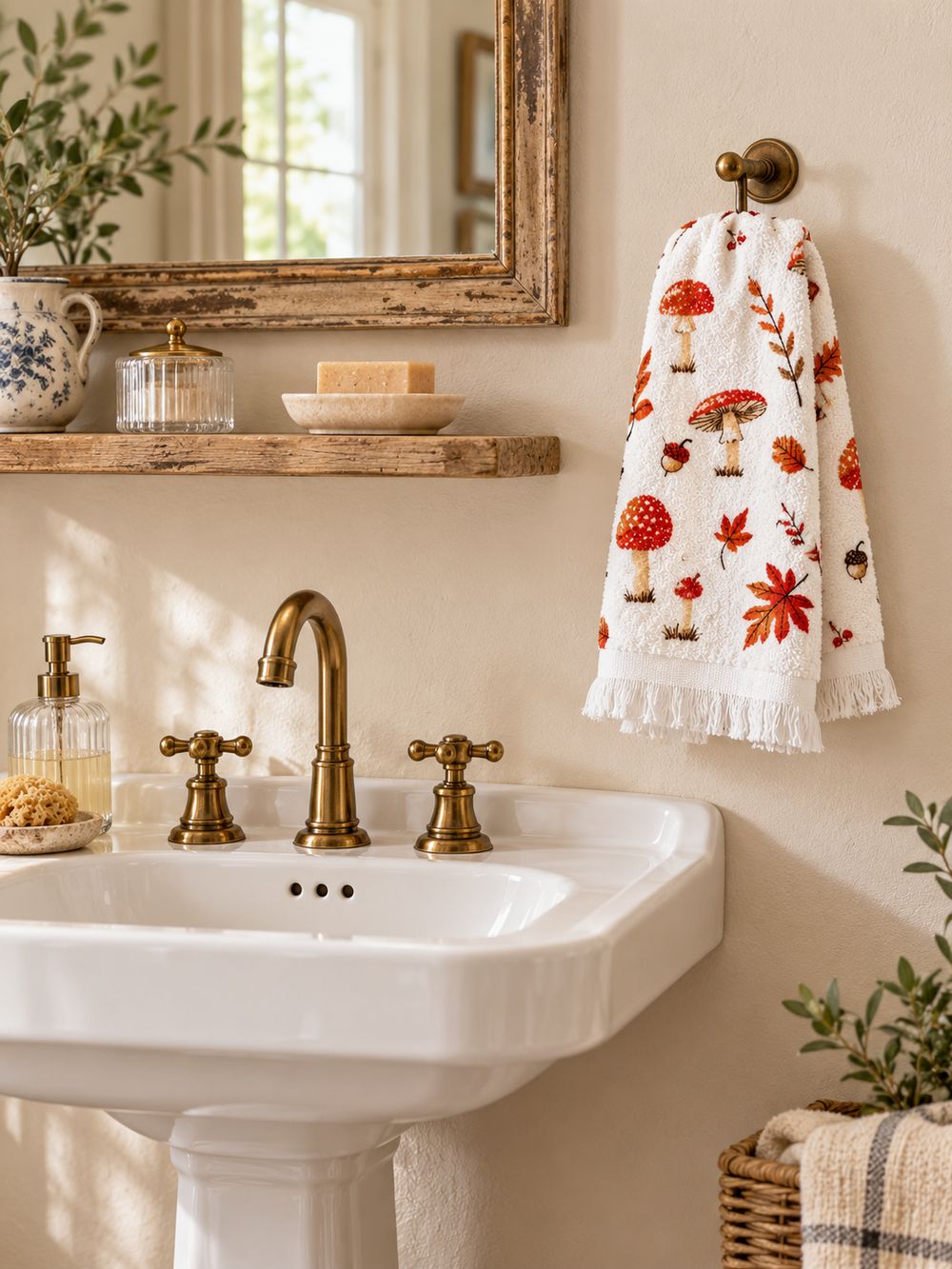 Essuie-mains blanc Clayre & Eef à motifs de champignons orange, feuilles et glands d’automne, pour cuisine ou salle de bain campagne chic