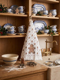 Essuie-mains en coton blanc décoré d'un grand bonhomme pain d'épices avec petits motifs hivernaux et détails festifs, pour cuisine chaleureuse et décoration de Noël