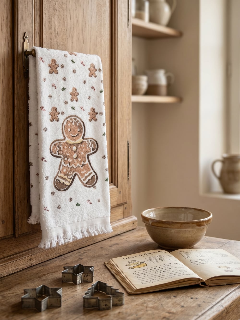 Essuie-mains en coton blanc décoré d'un grand bonhomme pain d'épices avec petits motifs hivernaux et détails festifs, pour cuisine chaleureuse et décoration de Noël
