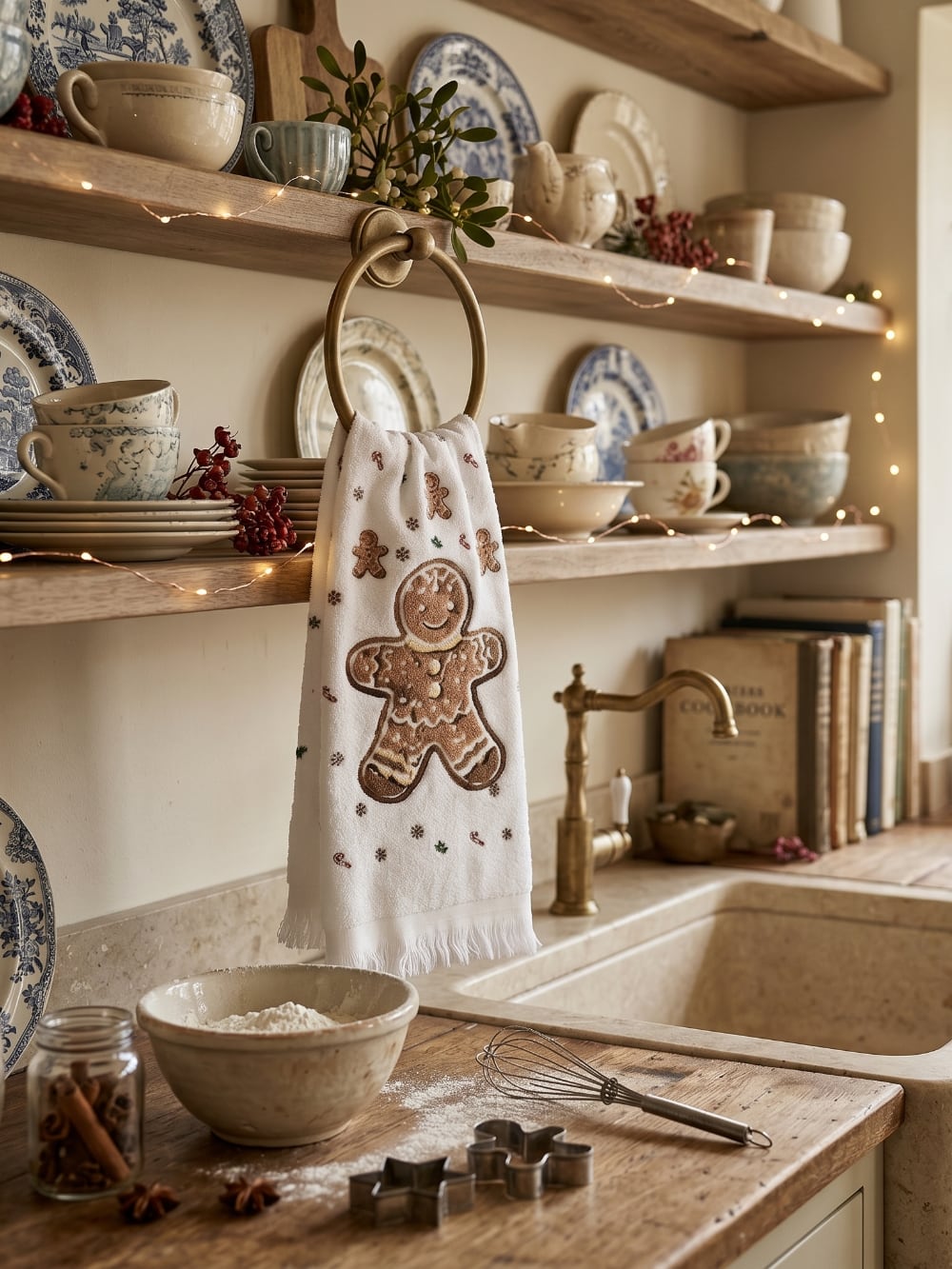 Essuie-mains en coton blanc décoré d'un grand bonhomme pain d'épices avec petits motifs hivernaux et détails festifs, pour cuisine chaleureuse et décoration de Noël