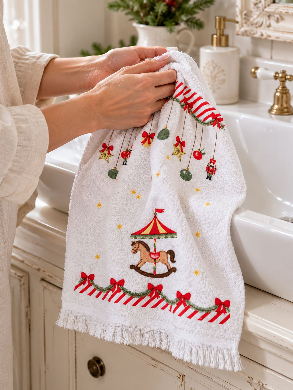 Mains s’essuyant dans un essuie-main blanc à motifs de Noël et petit carrousel, près d’un lavabo.