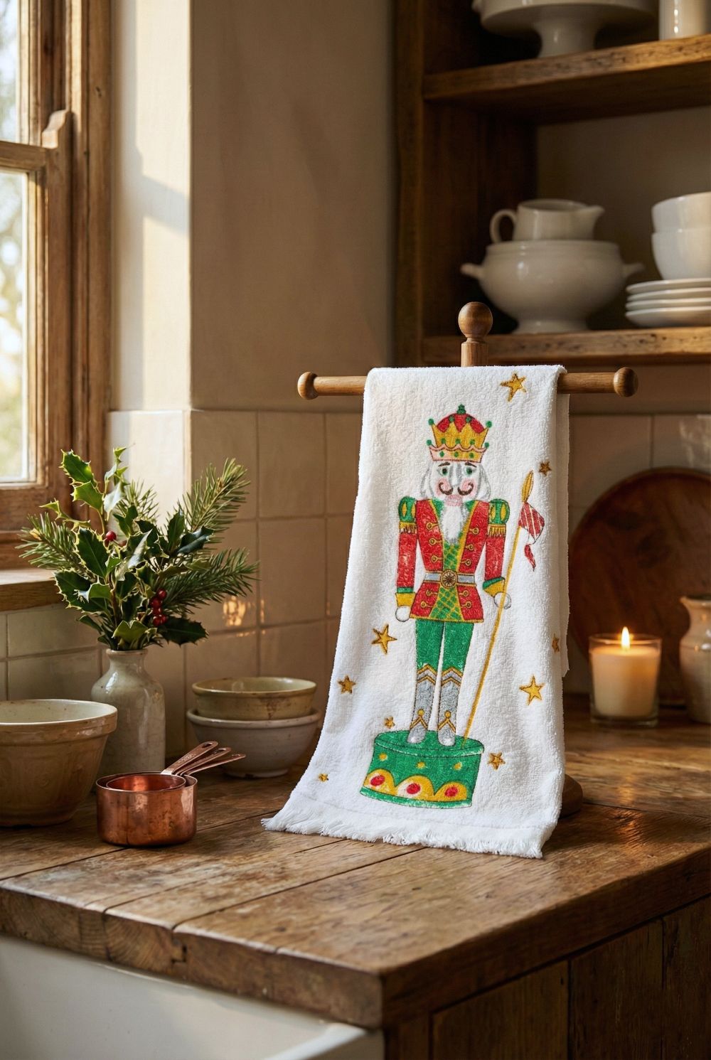 Essuie-mains en coton décoratif motif casse-noisette vert rouge et blanc, style Noël élégant et décoration shabby chic pour cuisine de charme