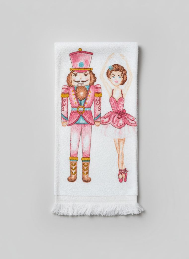 Essuie-mains en coton motif Casse-Noisette rose ballerine, style romantique et shabby chic, textile décoratif idéal pour sublimer la salle de bain ou la cuisine dans une ambiance douce et festive