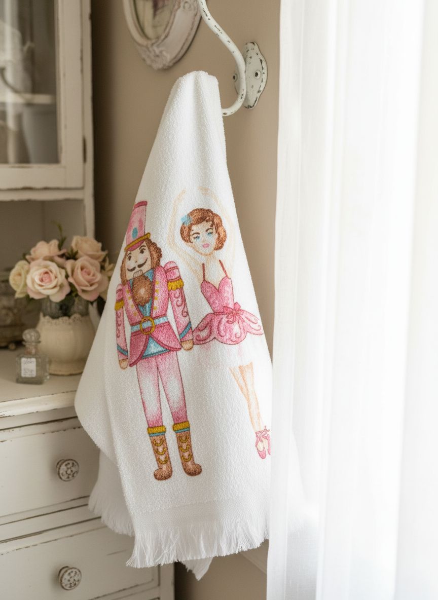 Essuie-mains en coton motif Casse-Noisette rose ballerine, style romantique et shabby chic, textile décoratif idéal pour sublimer la salle de bain ou la cuisine dans une ambiance douce et festive