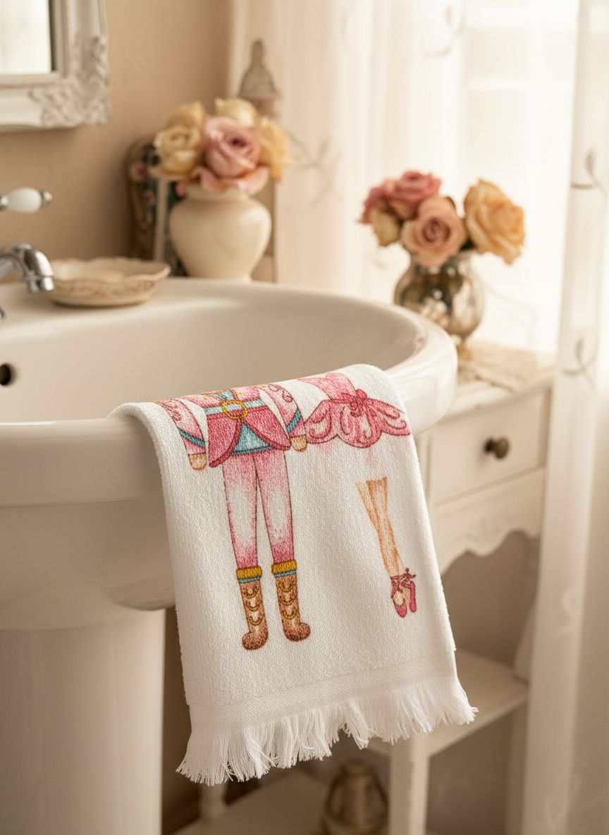 Essuie-mains en coton motif Casse-Noisette rose ballerine, style romantique et shabby chic, textile décoratif idéal pour sublimer la salle de bain ou la cuisine dans une ambiance douce et festive