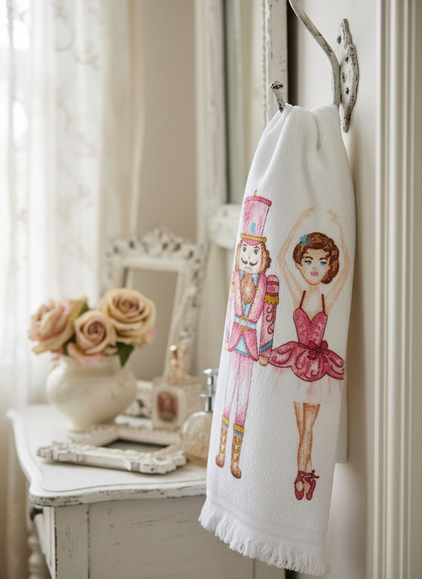Essuie-mains en coton motif Casse-Noisette rose ballerine, style romantique et shabby chic, textile décoratif idéal pour sublimer la salle de bain ou la cuisine dans une ambiance douce et festive