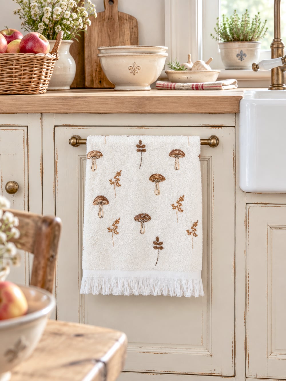 Essuie-mains blanc écru à motifs de champignons bruns et feuillages, style campagne cottage pour décoration de cuisine