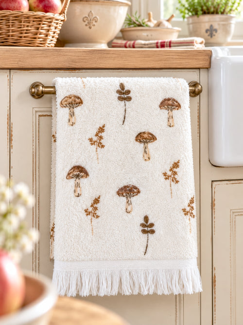 Essuie-mains blanc écru à motifs de champignons bruns et feuillages, style campagne cottage pour décoration de cuisine