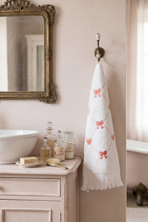 Essuie-mains blanc en coton avec motifs de cœurs roses et petits rubans, finition frangée, décoration romantique et shabby chic pour cuisine ou salle de bains