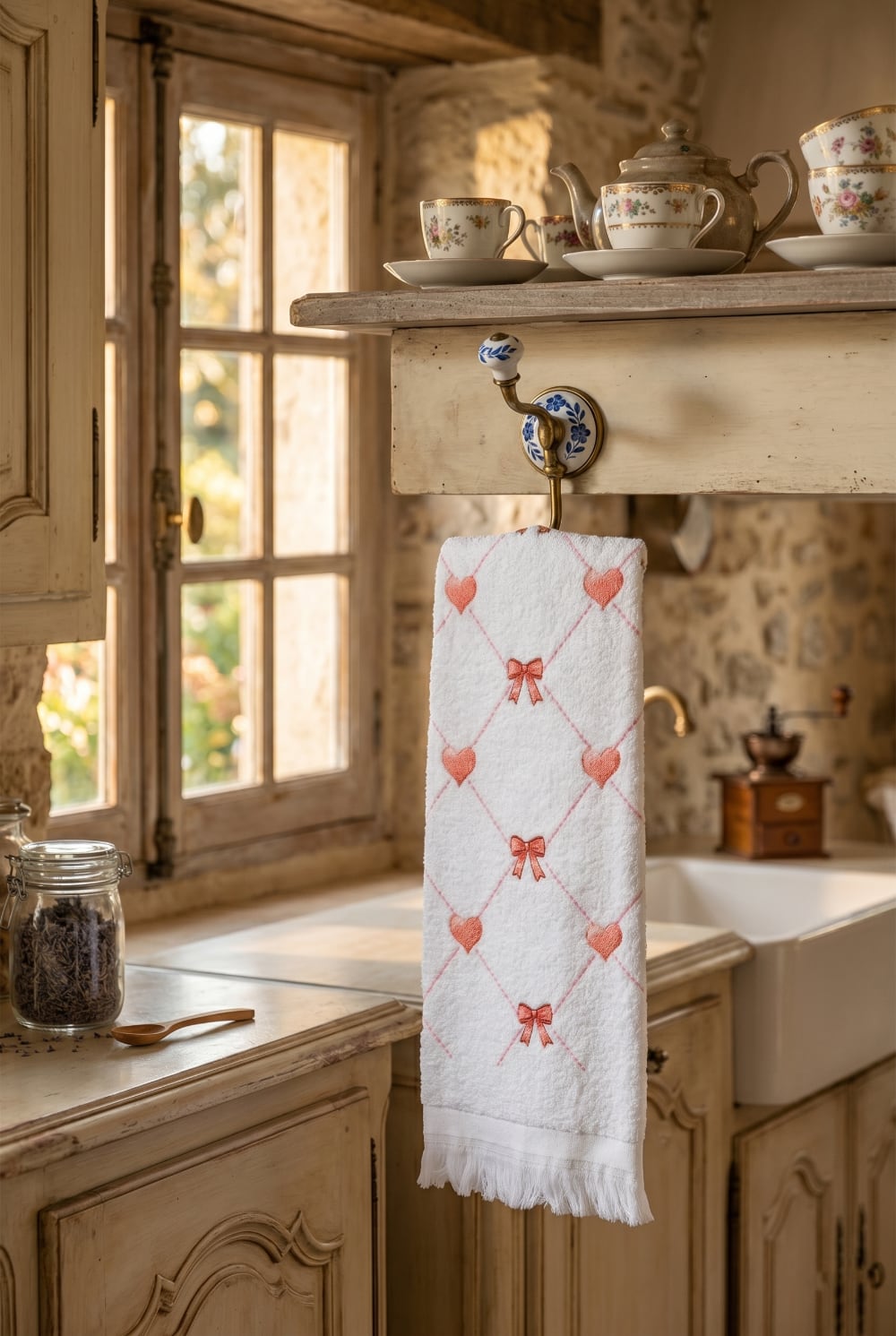 Essuie-mains blanc en coton avec motifs de cœurs roses et petits rubans, finition frangée, décoration romantique et shabby chic pour cuisine ou salle de bains