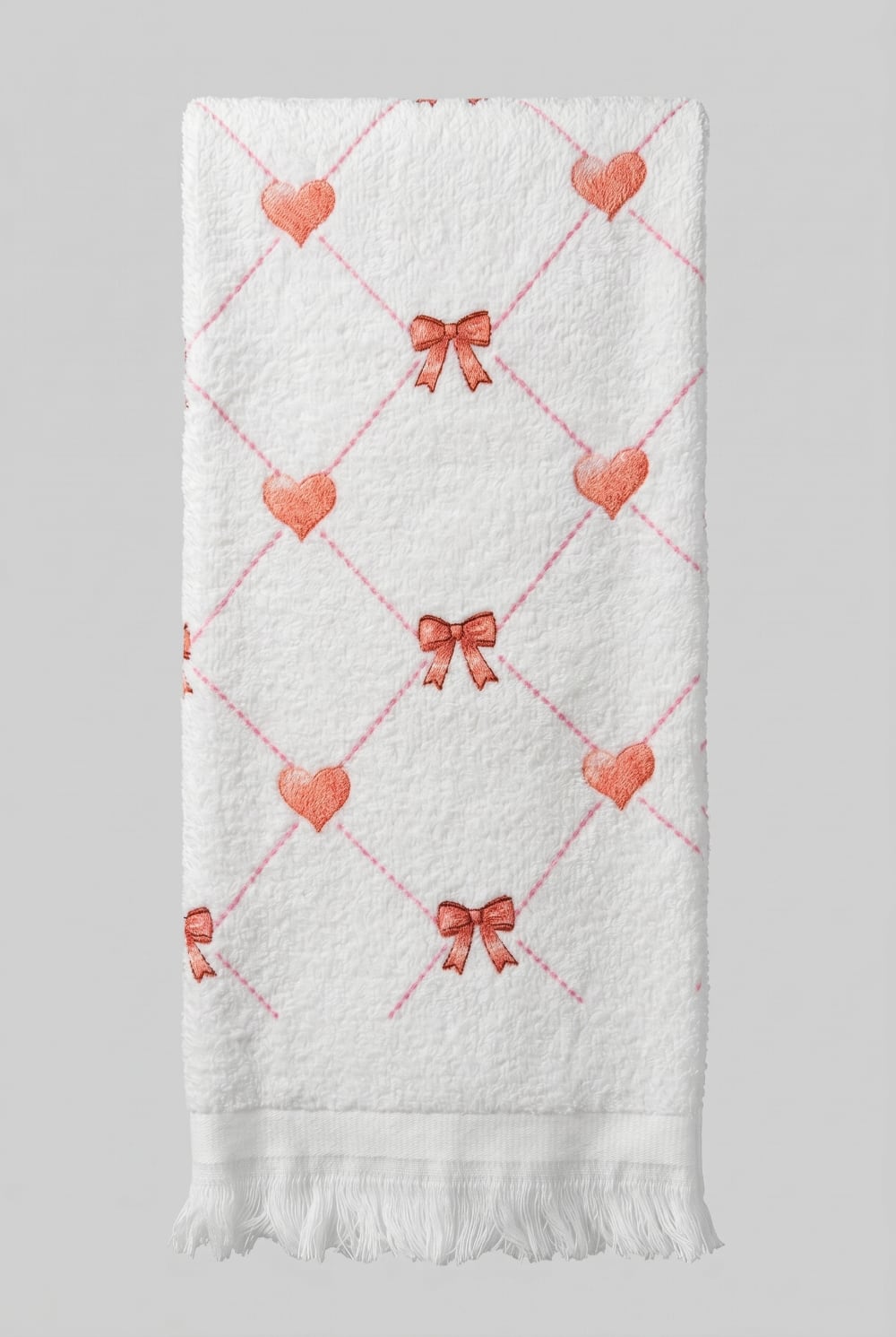 Essuie-mains blanc en coton avec motifs de cœurs roses et petits rubans, finition frangée, décoration romantique et shabby chic pour cuisine ou salle de bains