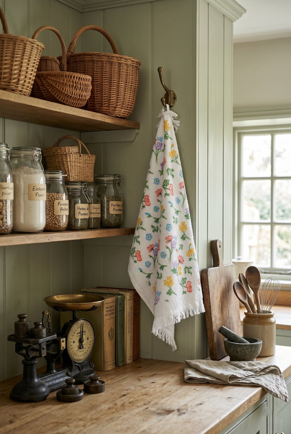 Essuie-mains en coton blanc avec motifs floraux imprimés multicolores, franges décoratives, style shabby chic et romantique